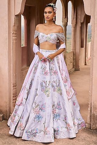 Light Grey Velvet Embroidered Lehenga Set by Lashkaraa