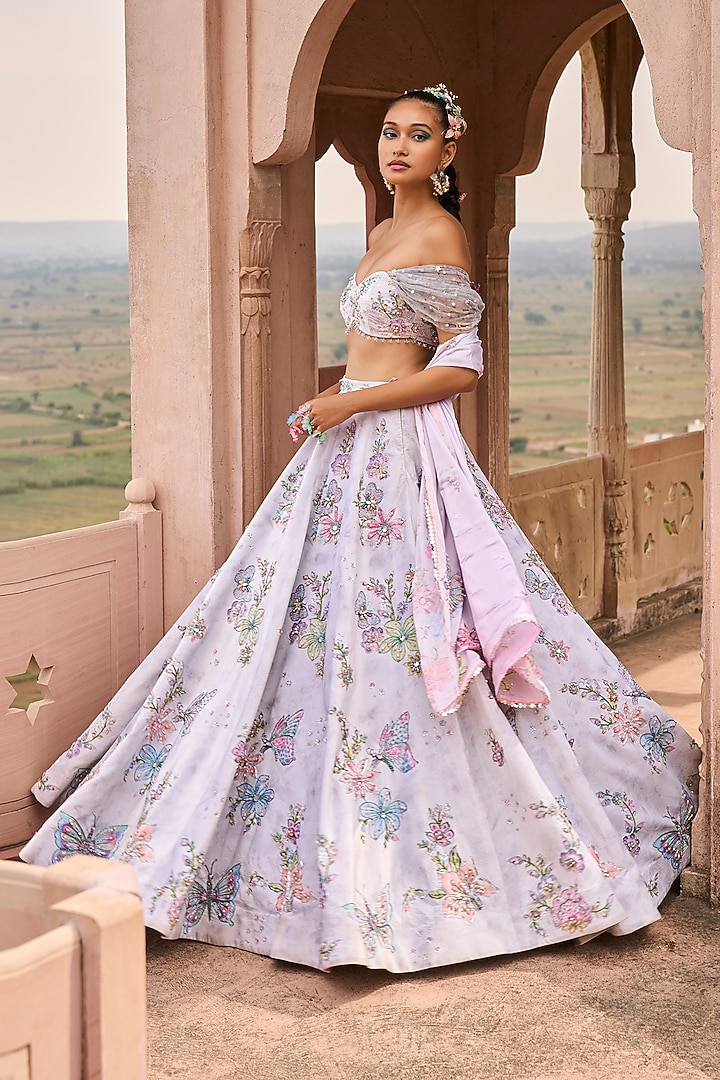 Light Grey Velvet Embroidered Bridal Lehenga Set by Lashkaraa at Pernia's Pop Up Shop