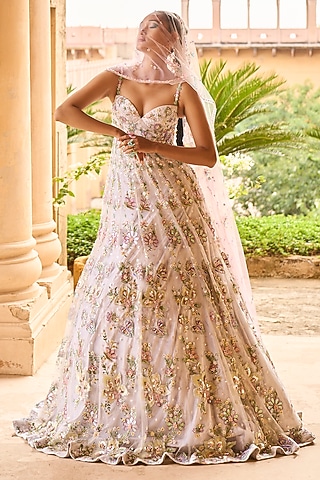 Light Grey Net Embellished Anarkali Set by Lashkaraa