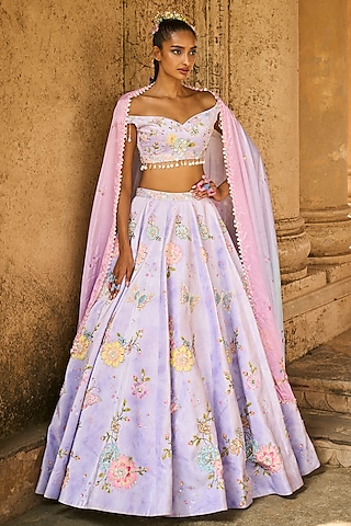Periwinkle Velvet Tie-Dye Printed Lehenga Set by Lashkaraa