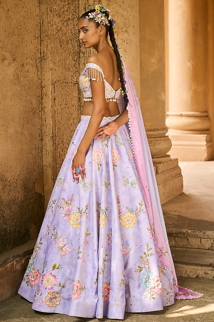 Periwinkle Velvet Tie-Dye Printed Bridal Lehenga Set by Lashkaraa at Pernia's Pop Up Shop