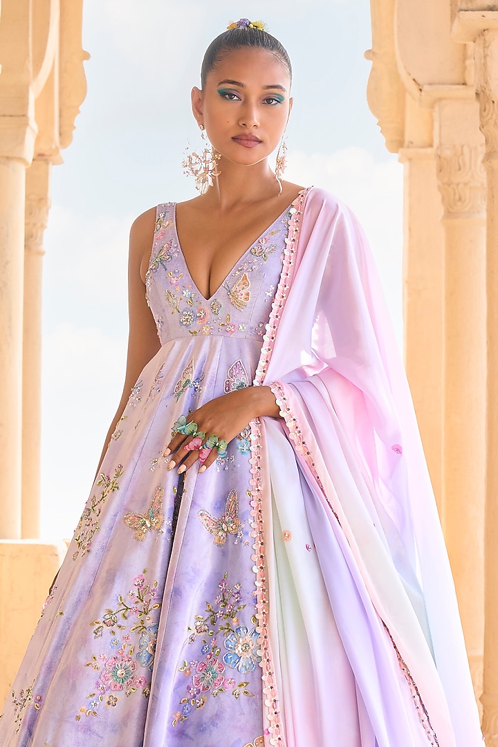 Periwinkle Printed Bridal Anarkali Set by Lashkaraa at Pernia's Pop Up Shop
