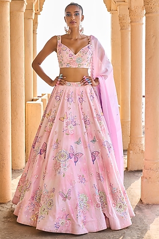Pink Velvet Printed Lehenga Set by Lashkaraa