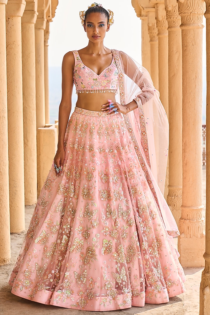 Peach Velvet Embroidered & Printed Lehenga Set by Lashkaraa