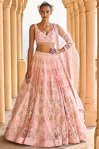 Peach Velvet Embroidered & Printed Lehenga Set by Lashkaraa