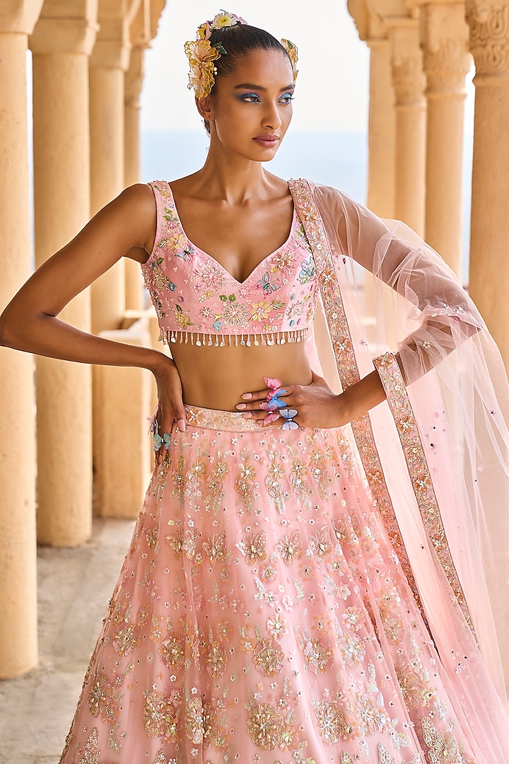 Peach Velvet Embroidered & Printed Bridal Lehenga Set by Lashkaraa at Pernia's Pop Up Shop