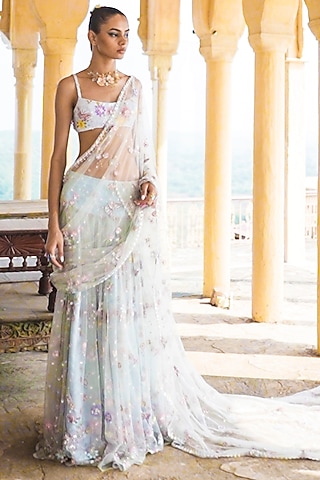 Dusty Blue Net Printed Pre-Stitched Lehenga Saree Set by Lashkaraa