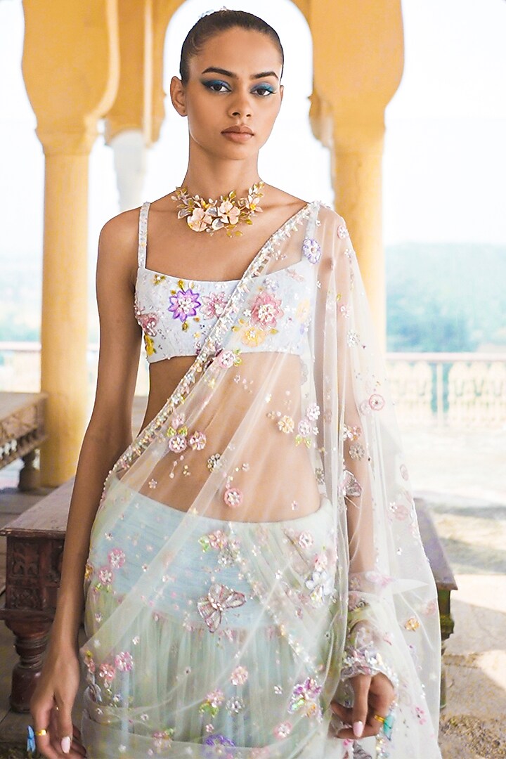 Dusty Blue Net Printed Pre-Stitched Reception Lehenga Saree Set by Lashkaraa at Pernia's Pop Up Shop