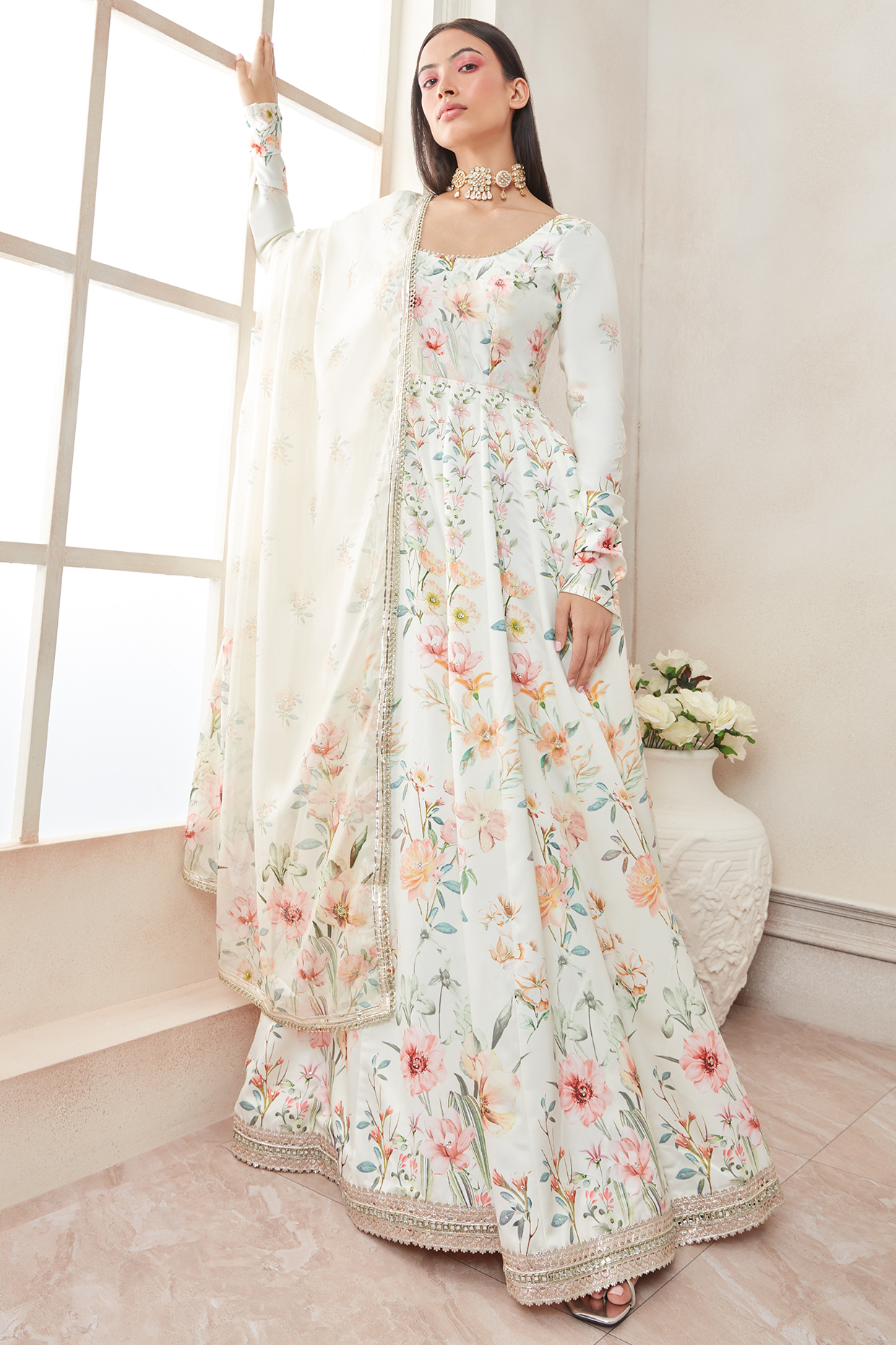 White Printed Kalidar Anarkali Set by Lashkaraa