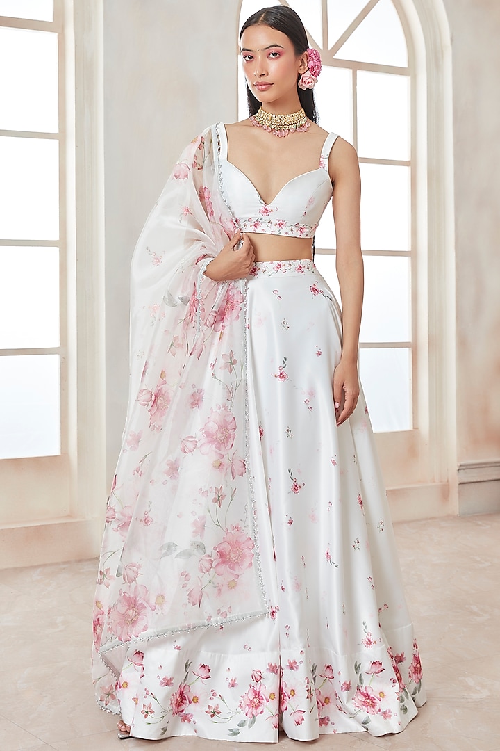 White Satin Printed Lehenga Set by Lashkaraa