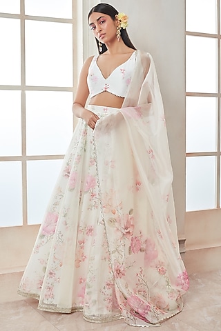 Snowy White Organza Embroidered Lehenga Set Design by Studio Iris