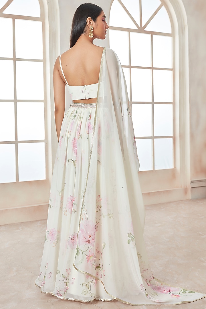 Cream Georgette Printed Lehenga Set with Cape