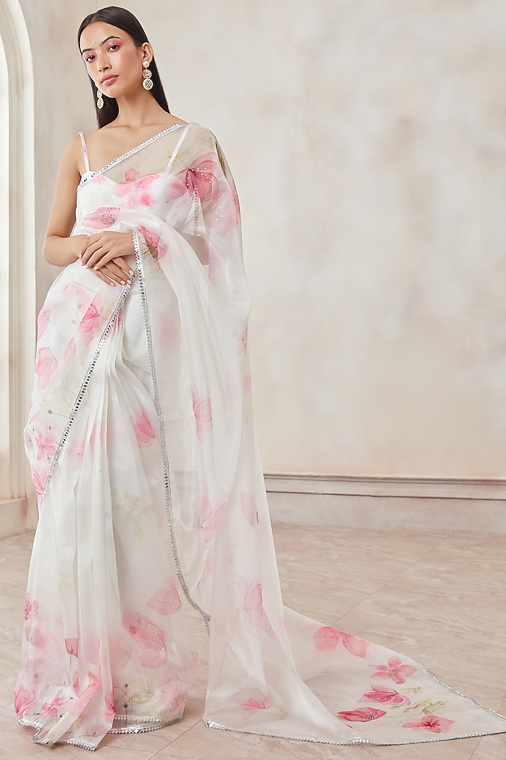 White Floral Printed Saree Set by Lashkaraa