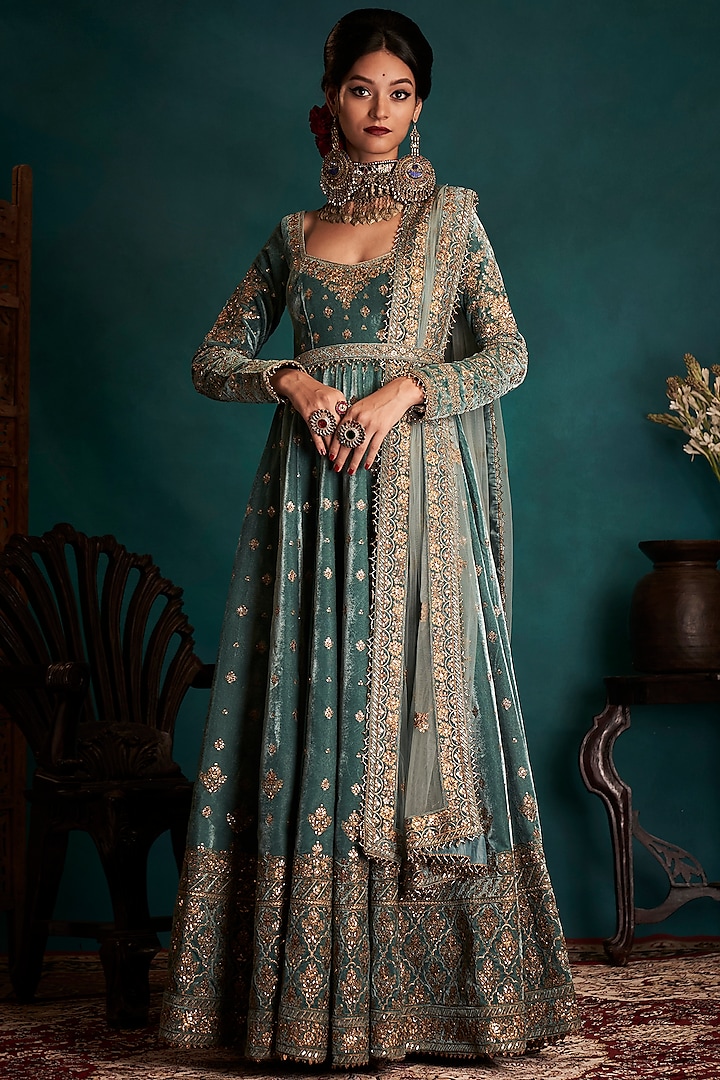 Dusty Turquoise Embroidered Anarkali Set by Lashkaraa