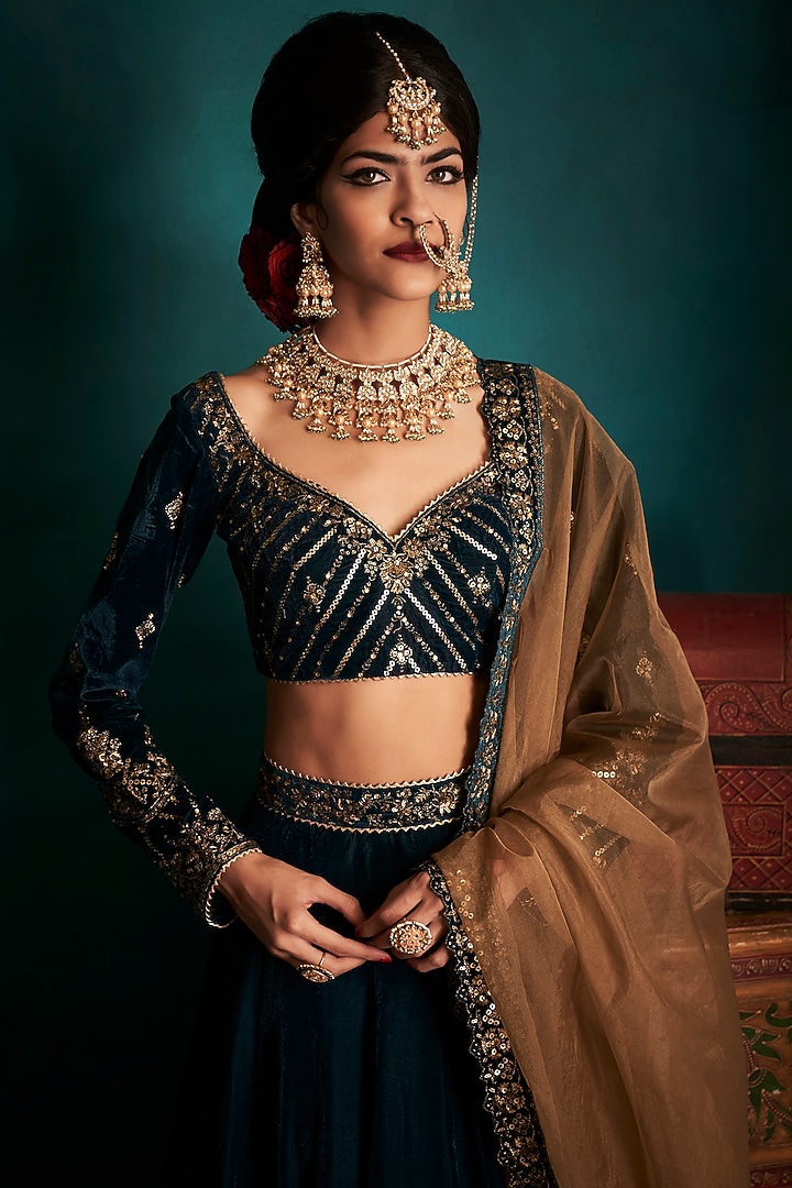 Dark Teal Embroidered Lehenga Set by Lashkaraa at Pernia's Pop Up Shop