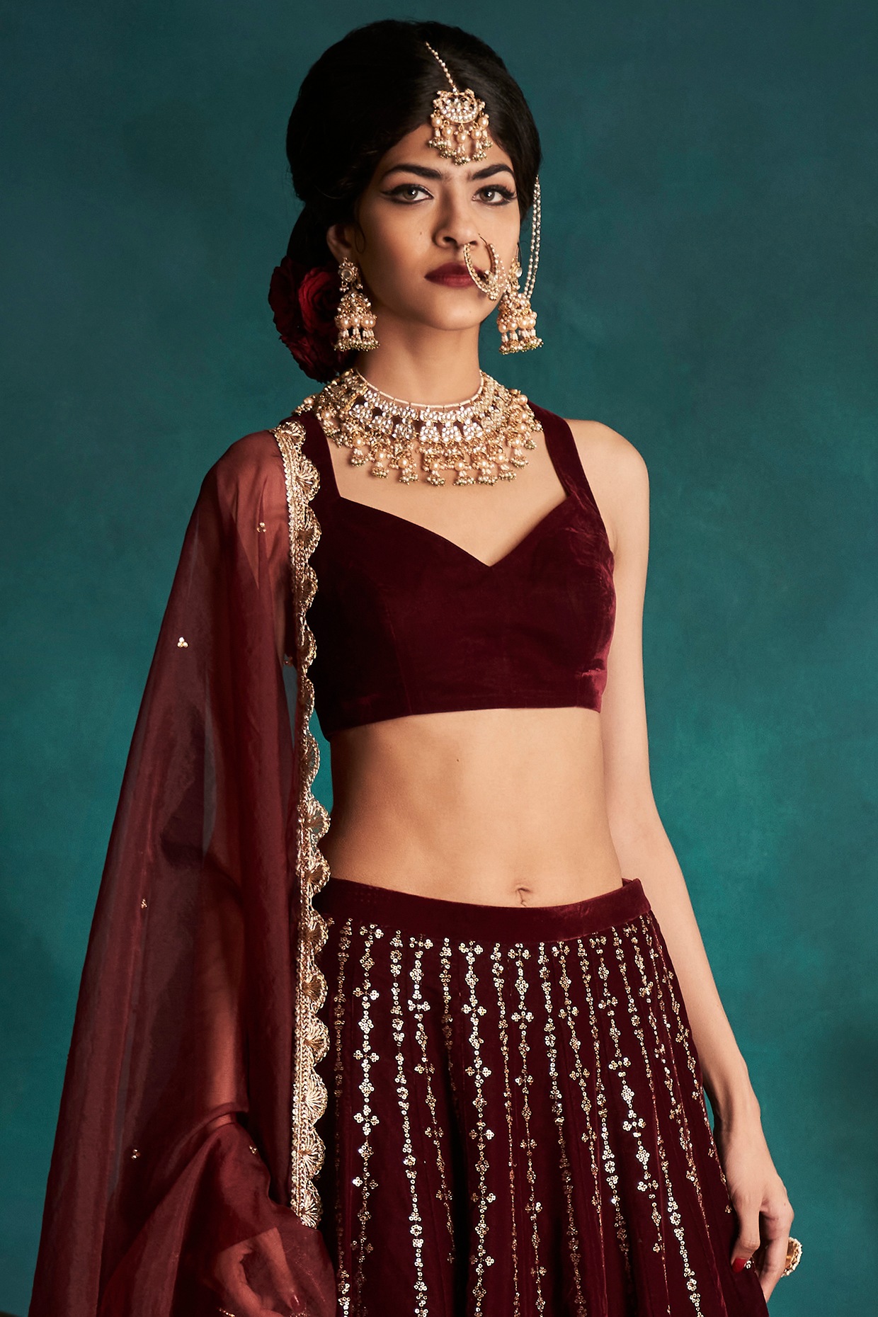 Maroon Ruffle Lehenga Choli with Dupatta Ruffle Art Silk Chi