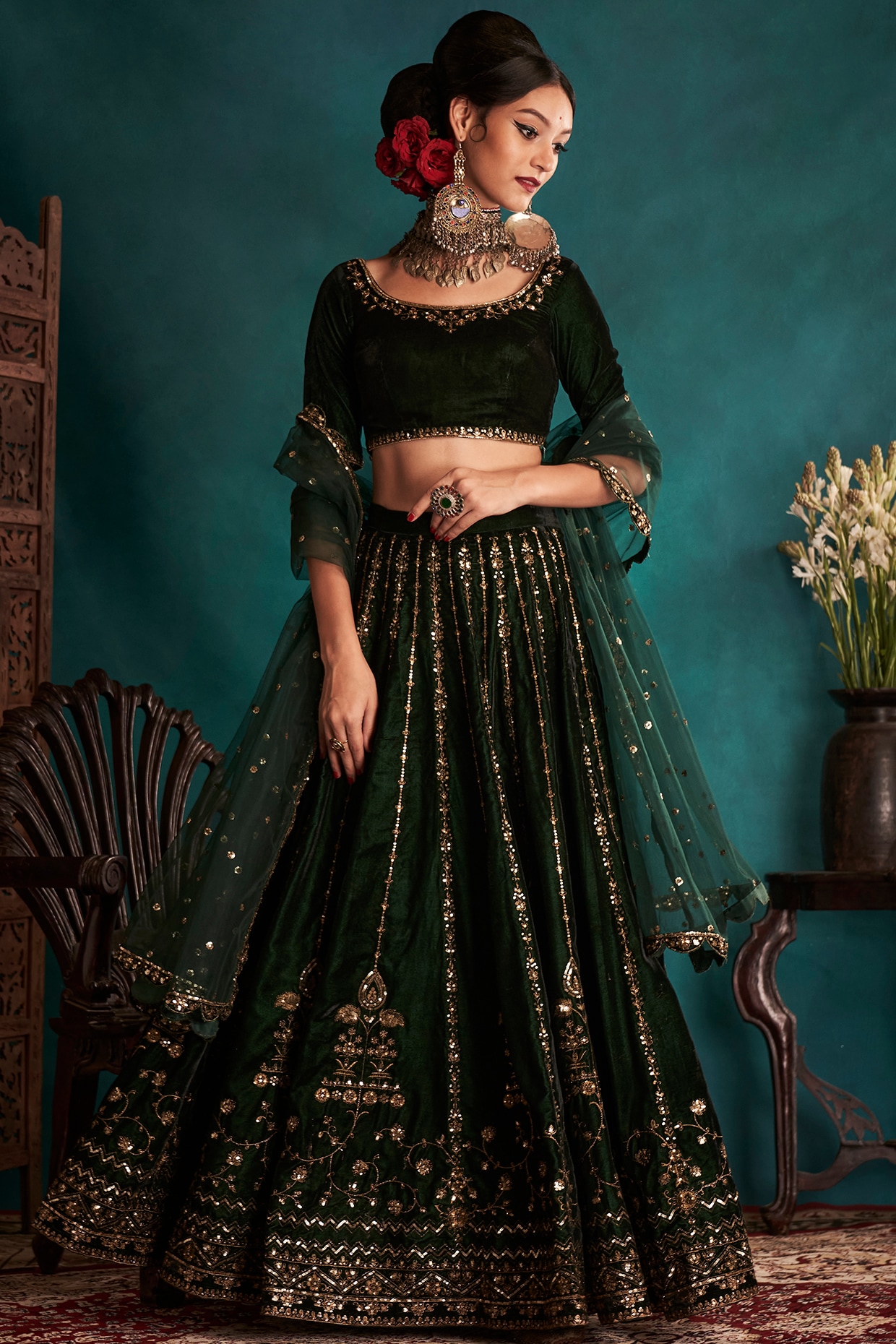Engagement, Mehendi Sangeet Green color Net fabric Lehenga : 1599918
