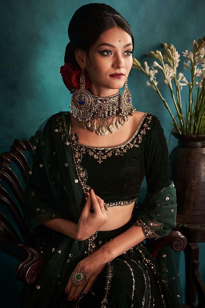 Bottle Green Embroidered Lehenga Set by Lashkaraa at Pernia's Pop Up Shop