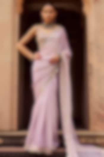 Dusty Lilac Silk Sequins Embroidered Party Wear Saree Set by Lashkaraa at Pernia's Pop Up Shop