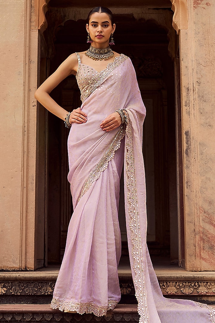 Dusty Lilac Silk Sequins Embroidered Party Wear Saree Set by Lashkaraa at Pernia's Pop Up Shop