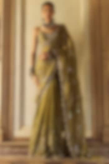 Moss Green Tissue Zari Embroidered Party Wear Saree Set by Lashkaraa at Pernia's Pop Up Shop