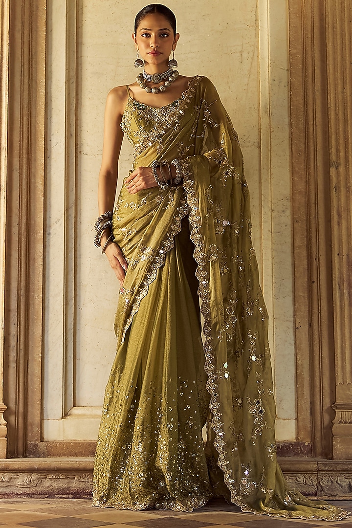 Moss Green Tissue Zari Embroidered Party Wear Saree Set by Lashkaraa at Pernia's Pop Up Shop