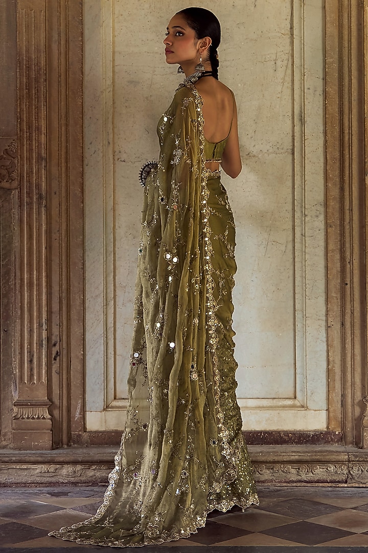 Moss Green Tissue Zari Embroidered Pre-Stitched Party Wear Saree Set by Lashkaraa at Pernia's Pop Up Shop