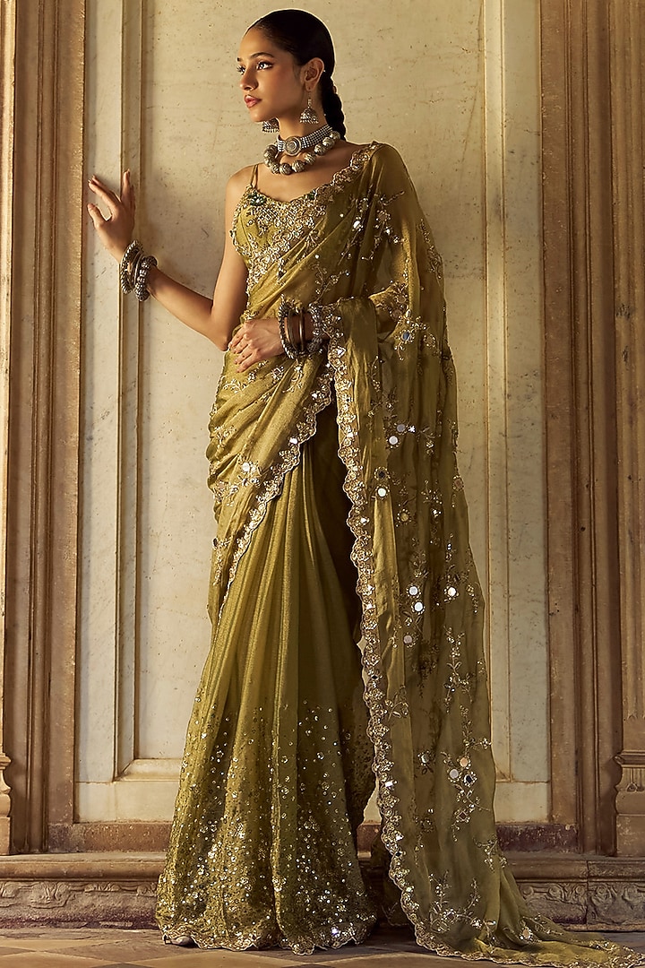 Moss Green Tissue Zari Embroidered Pre-Stitched Party Wear Saree Set by Lashkaraa at Pernia's Pop Up Shop