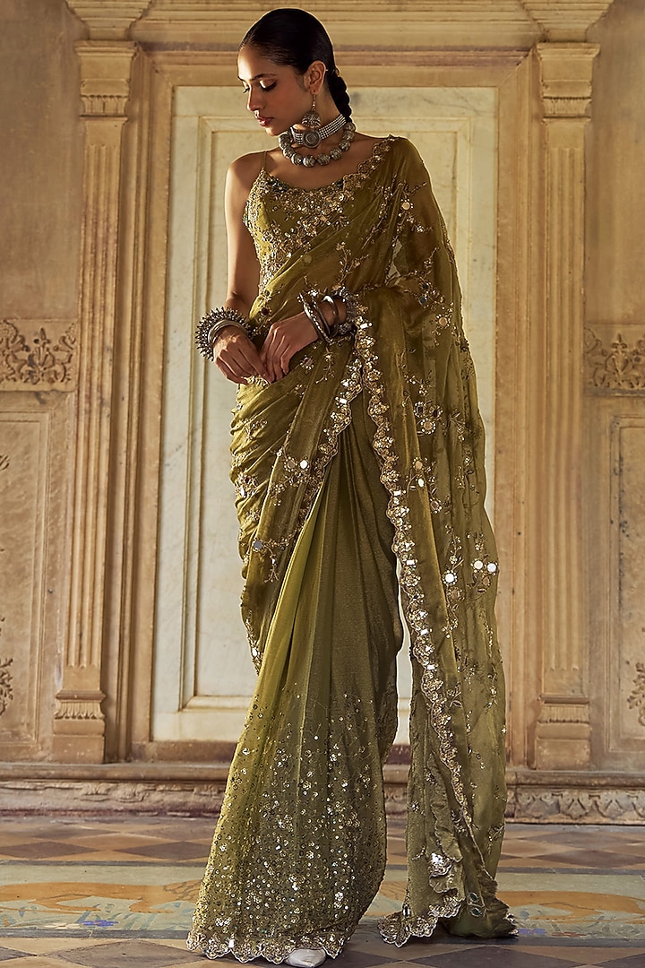 Moss Green Tissue Zari Embroidered Pre-Stitched Party Wear Saree Set by Lashkaraa at Pernia's Pop Up Shop