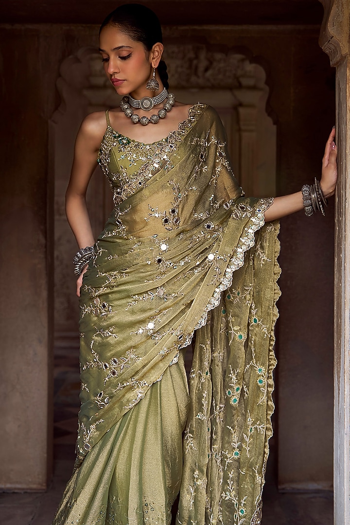 Moss Green Tissue Zari Embroidered Pre-Stitched Party Wear Saree Set by Lashkaraa at Pernia's Pop Up Shop