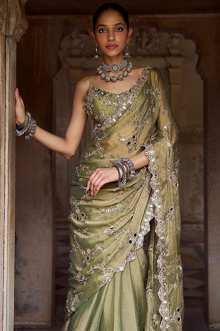 Moss Green Tissue Zari Embroidered Pre-Stitched Party Wear Saree Set by Lashkaraa at Pernia's Pop Up Shop