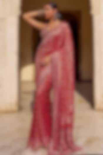 Pink Viscose Chiffon Bandhani Printed & Hand Embellished Party Wear Saree Set by Lashkaraa at Pernia's Pop Up Shop