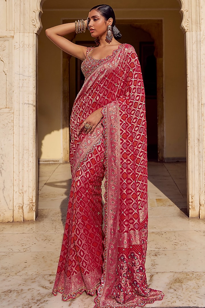 Pink Viscose Chiffon Bandhani Printed & Hand Embellished Party Wear Saree Set by Lashkaraa at Pernia's Pop Up Shop