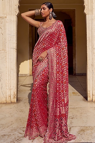 Pink Viscose Chiffon Bandhani Printed & Hand Embellished Pre-Stitched Saree Set by Lashkaraa