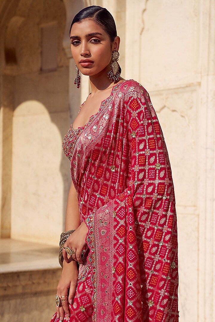 Pink Viscose Chiffon Bandhani Printed & Hand Embellished Pre-Stitched Party Wear Saree Set by Lashkaraa at Pernia's Pop Up Shop