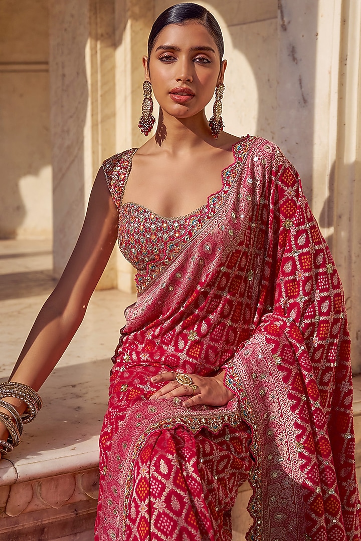 Pink Viscose Chiffon Bandhani Printed & Hand Embellished Pre-Stitched Party Wear Saree Set by Lashkaraa at Pernia's Pop Up Shop