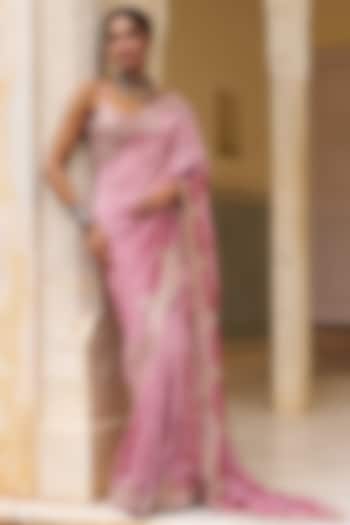 Dusty Rose Satin Tissue Sequins Embroidered Party Wear Saree Set by Lashkaraa at Pernia's Pop Up Shop