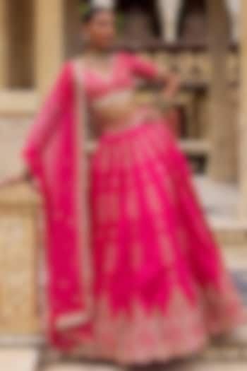 Hot Pink Silk Zari Embroidered Lehenga Set by Lashkaraa at Pernia's Pop Up Shop