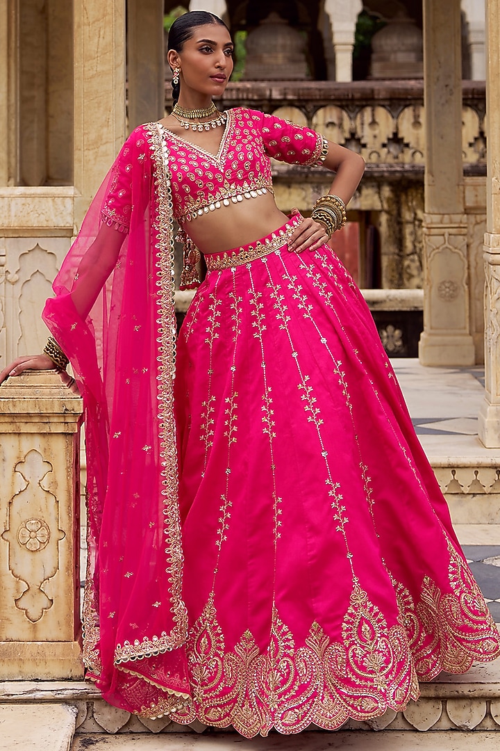 Hot Pink Silk Zari Embroidered Lehenga Set by Lashkaraa at Pernia's Pop Up Shop