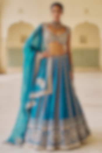 Teal Blue Silk Zari Embroidered Lehenga Set by Lashkaraa at Pernia's Pop Up Shop