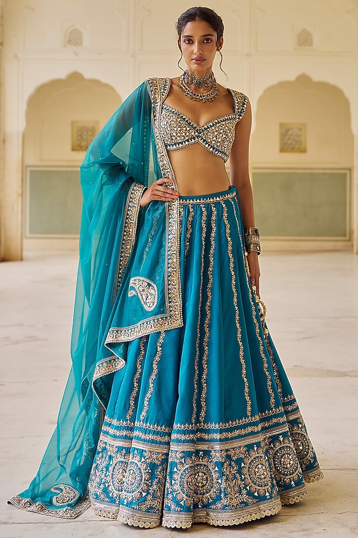 Teal Blue Silk Zari Embroidered Lehenga Set by Lashkaraa at Pernia's Pop Up Shop