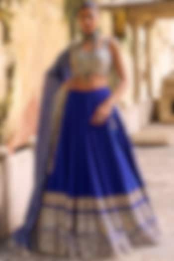 Blue Viscose Crepe Hand Embellished Lehenga Set by Lashkaraa at Pernia's Pop Up Shop