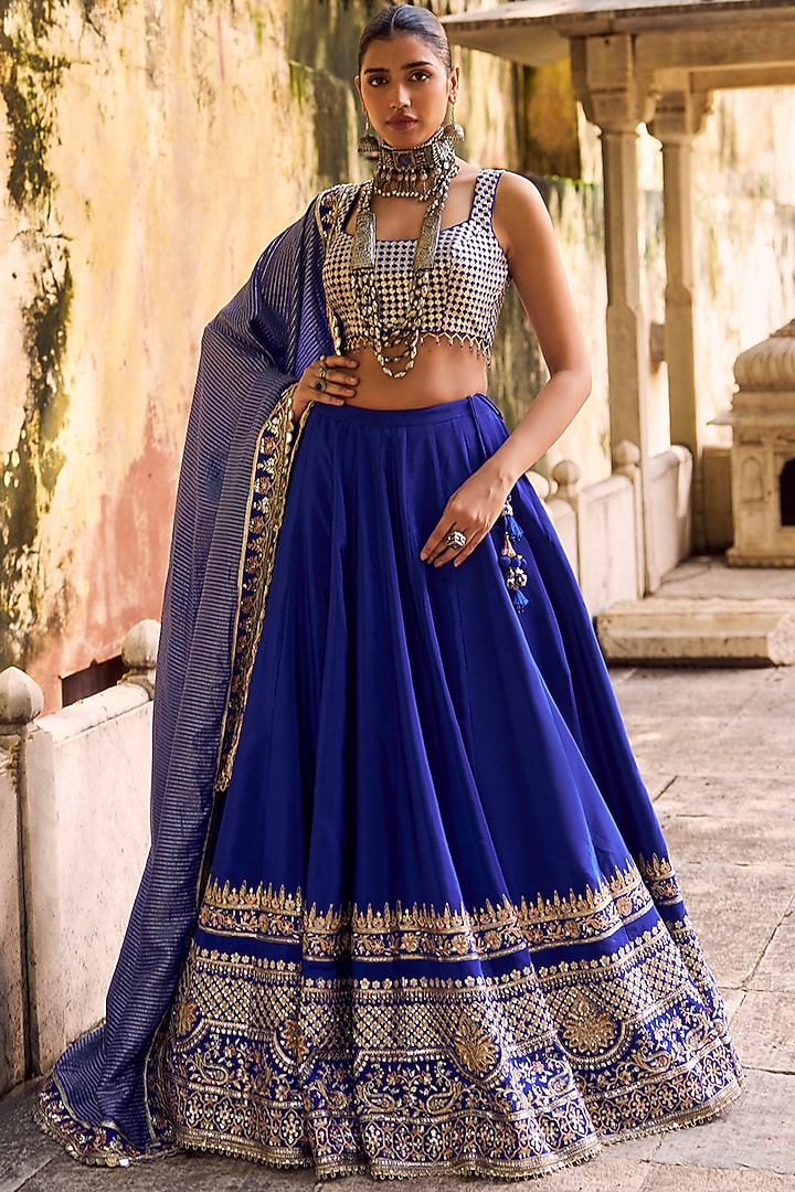 Blue Viscose Crepe Hand Embellished Lehenga Set by Lashkaraa at Pernia's Pop Up Shop