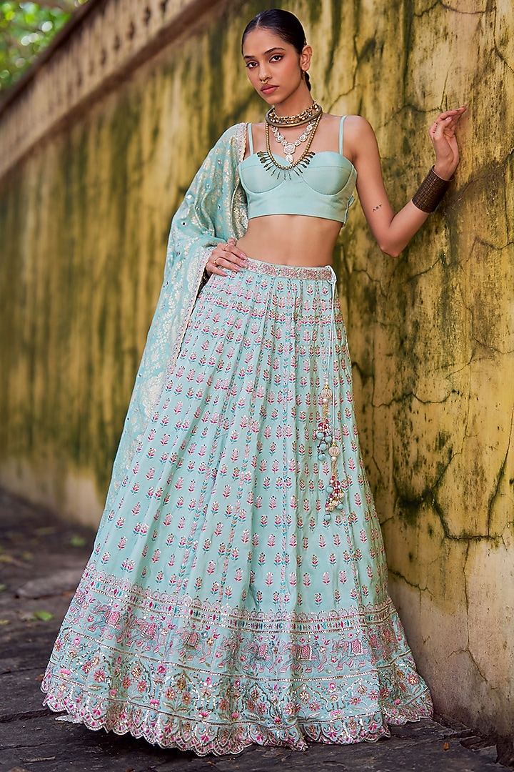 Mint Green Viscose Tissue Hand Embellished Lehenga Set by Lashkaraa at Pernia's Pop Up Shop
