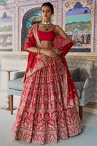 Red Viscose Silk Thread Embroidered Lehenga Set by Lashkaraa