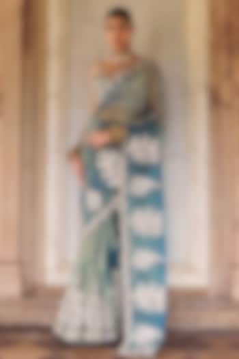 Teal Green Silk Hand Embroidered Party Wear Saree Set by Lashkaraa at Pernia's Pop Up Shop