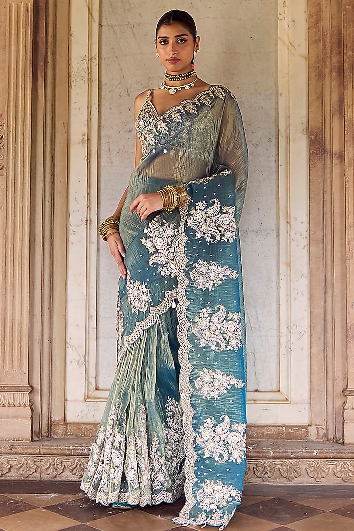 Teal Green Silk Hand Embroidered Party Wear Saree Set by Lashkaraa at Pernia's Pop Up Shop