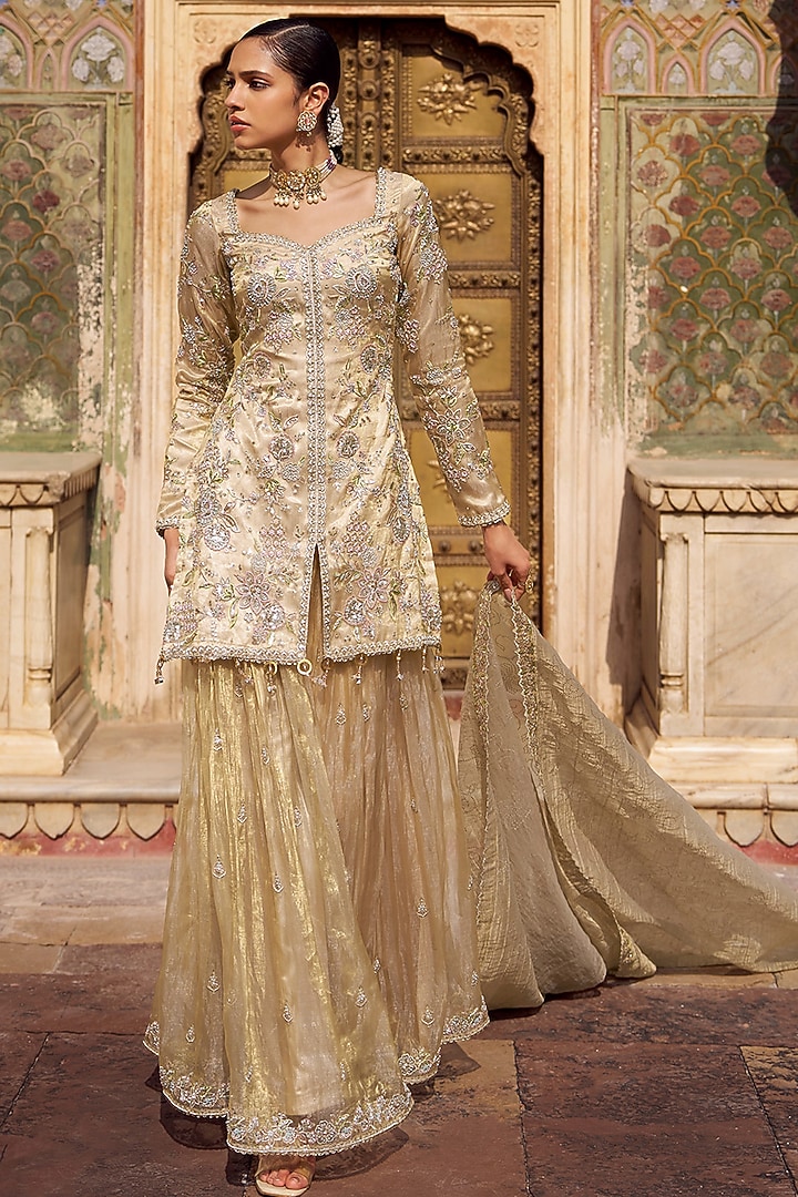 Gold Tissue Party Wear Sharara Set by Lashkaraa at Pernia's Pop Up Shop