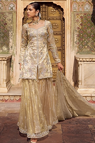 Gold Tissue Sharara Set by Lashkaraa