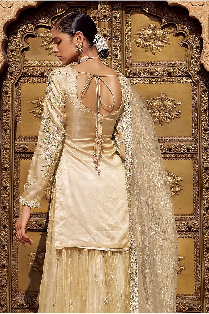 Gold Tissue Party Wear Sharara Set by Lashkaraa at Pernia's Pop Up Shop